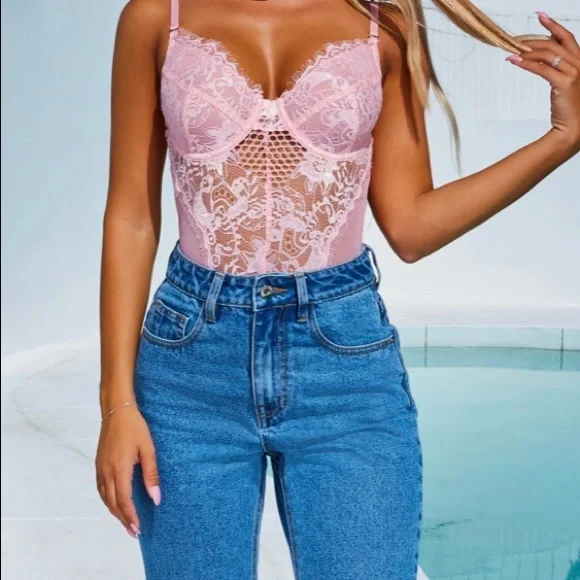 Lace baby pink bodysuit . NWT - Picture 3 of 4